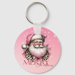 Pink Retro Santa Claus Vintage Merry Christmas  Keychain