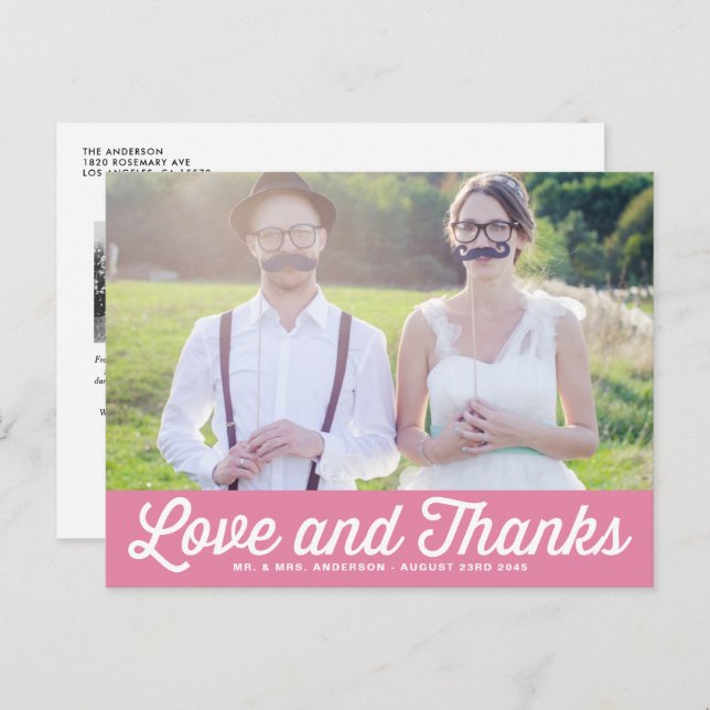 Pink Retro Script Photo Wedding Thank You Postcard (Front/Back)