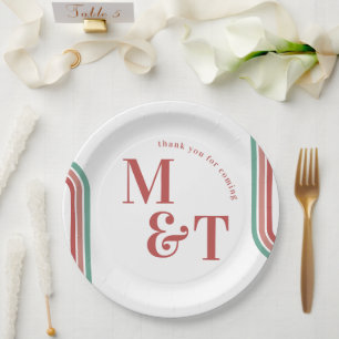 Pink Retro Seventies Stripes Wedding Monogram Paper Plate