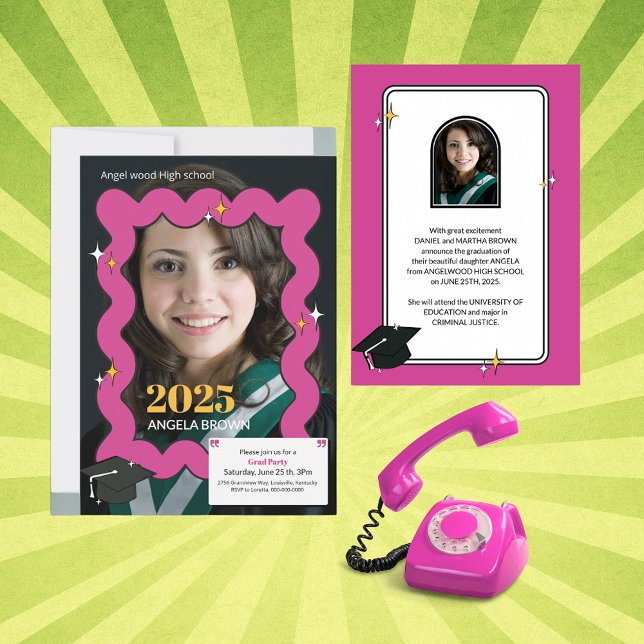 Pink retro squiggle wavy graduation announcement (Creator Uploaded)