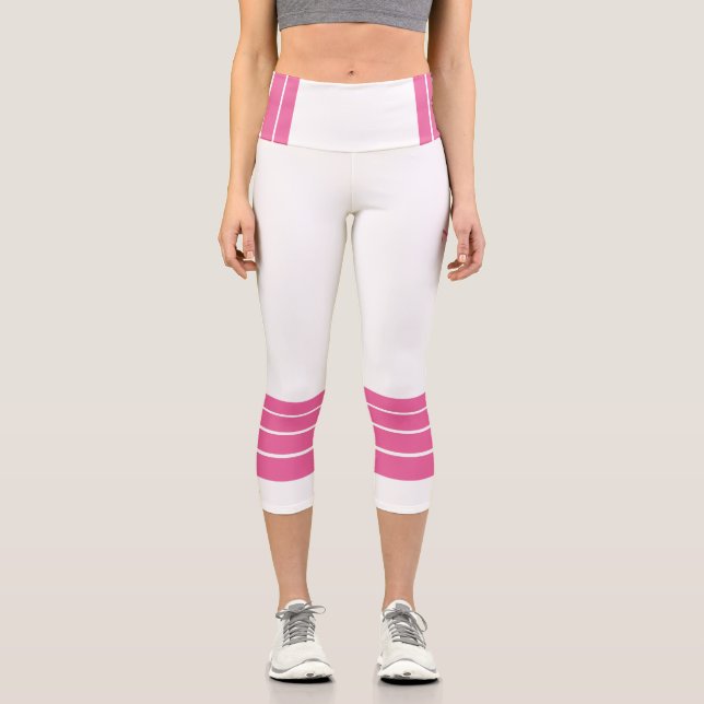 Pink Retro Stripes and Minimalist Text Capri Leggings (Front)
