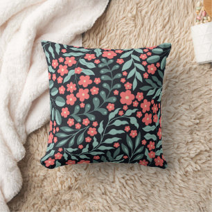 Pink retro style blooming flowers in Nordic style Throw Pillow