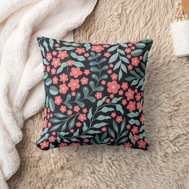 Pink retro style blooming flowers in Nordic style Throw Pillow (Blanket)