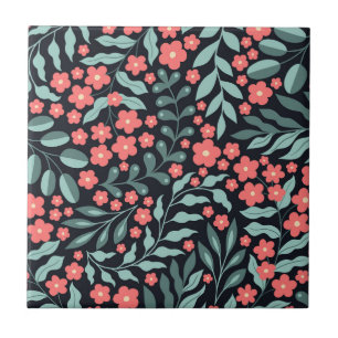 Pink retro style blooming flowers in Nordic style Tile