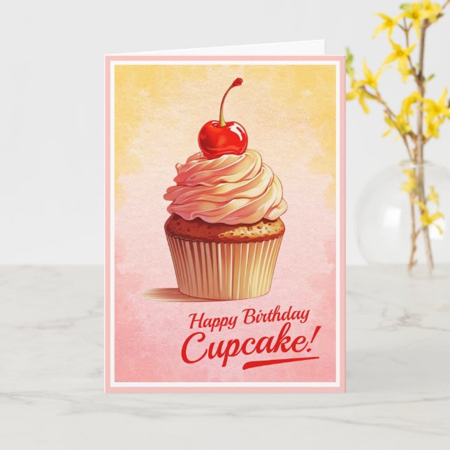 Pink Retro Style Cherry Cupcake Birthday Card (Yellow Flower)