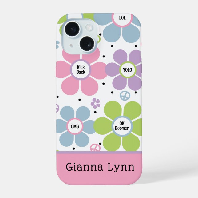 Pink Retro-Style Flower Power Monogram iPhone 15 Case (Back)
