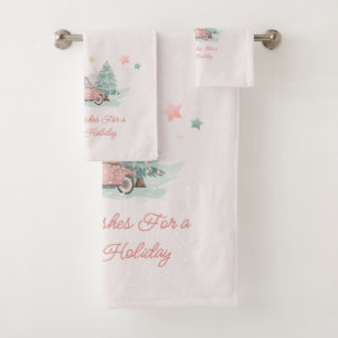 Pink Retro Truck Watercolor Christmas Tree Bath Towel Set