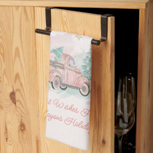 Pink Retro Truck Watercolor Christmas Tree Kitchen Towel