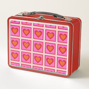 Pink Retro Vintage Chequered Heart Y2K Pattern Metal Lunch Box
