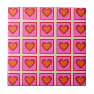 Pink Retro Vintage Chequered Heart Y2K Pattern Tile