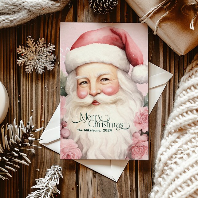 Pink Retro Vintage Santa Claus Holiday Card (Creator Uploaded)