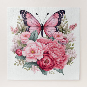 Pink Retro Watercolor Butterfly and Flowers Jigsaw Puzzle