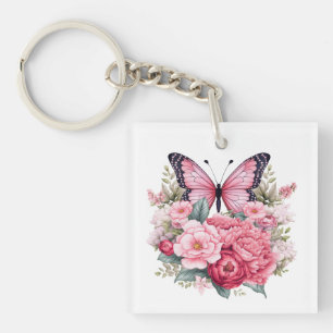 Pink Retro Watercolor Butterfly & Flowers  Keychain