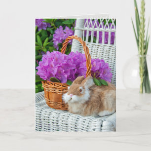 pink rhododendron bouquet and bunny on chair card