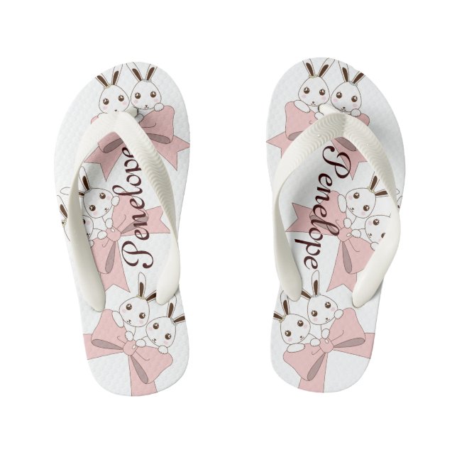 Pink Ribbon and Cute Twin Bunny Custom Kid's Flip Flops (Footbed)