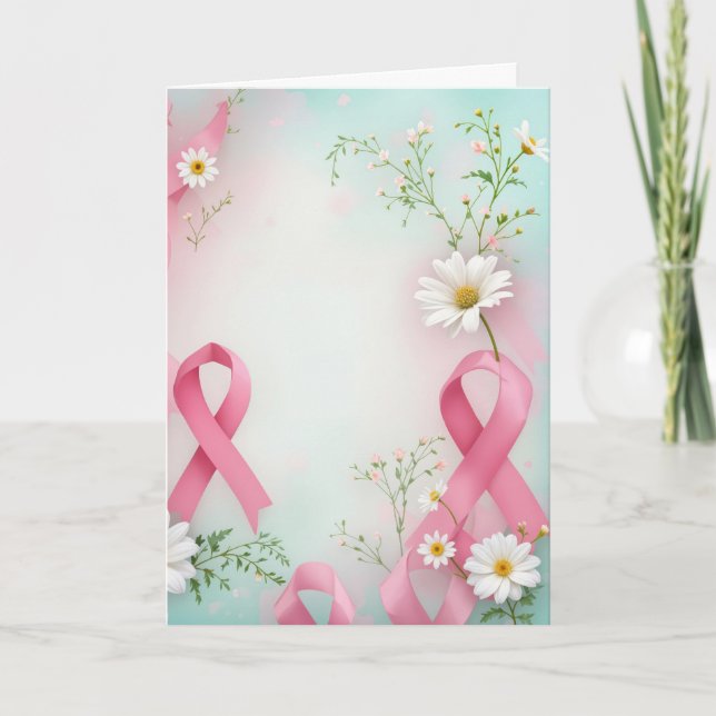 Pink Ribbon and Daisies Breast Cancer Awareness Card (Front)