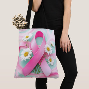 Pink Ribbon and Daisies Breast Cancer Awareness Tote Bag