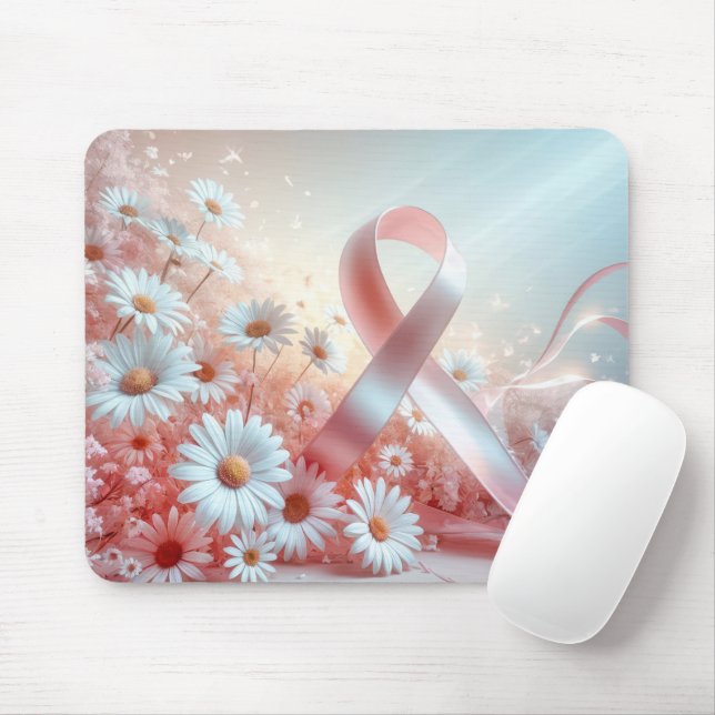 Pink Ribbon And White Daisies Mouse Pad (With Mouse)