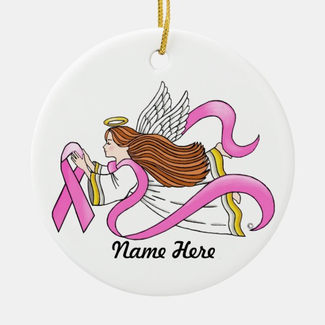 "Pink Ribbon" Awareness Angel Ceramic Ornament (Front)