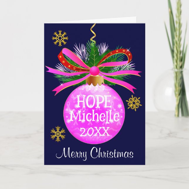 Pink Ribbon Bauble Holiday Card (Front)