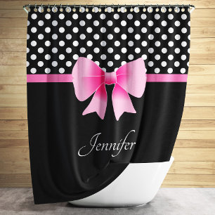 Pink Ribbon Black & White Polka Dots Name