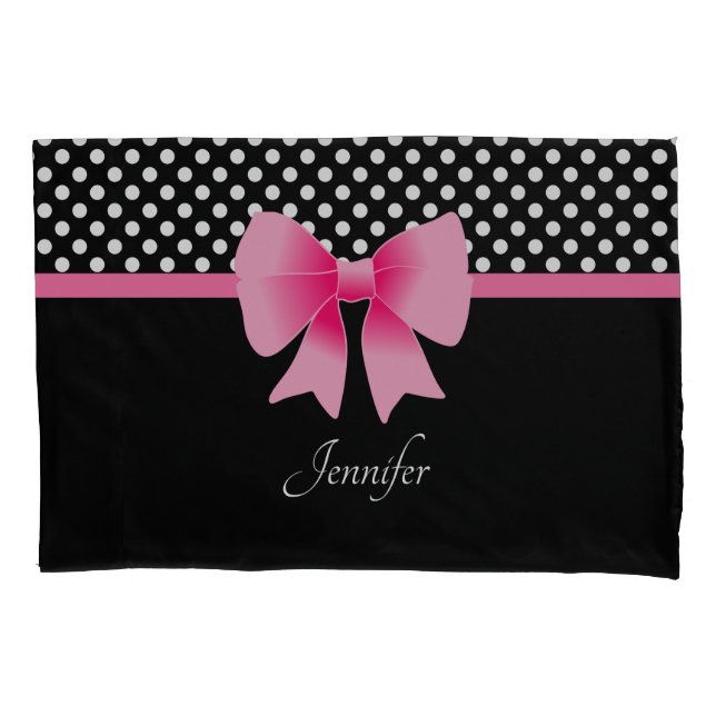 Pink Ribbon Black & White Polka Dots Name Pillowcase (Front-Left)