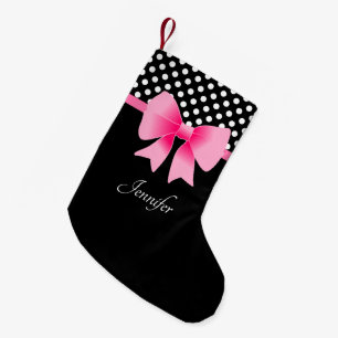 Pink Ribbon Black & White Polka Dots Pattern Name Small Christmas Stocking