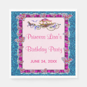 Pink Ribbon Blue Glitter Royal Princess Birthday Napkin