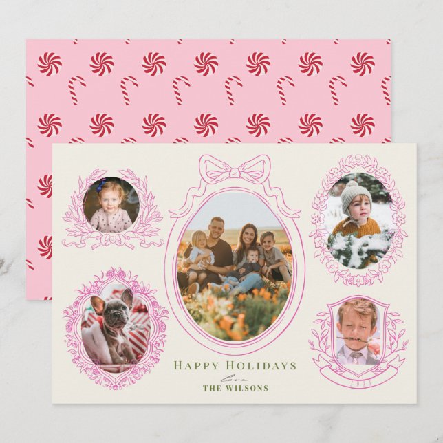 Pink Ribbon & Botanical Frames 5 Photo Holiday Card (Front/Back)