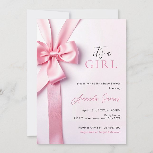 Pink Ribbon Bow Baby Shower It's a Girl Invitation (Front)