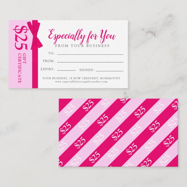 Pink ribbon bow business gift $25 gift certificate card (Front/Back)