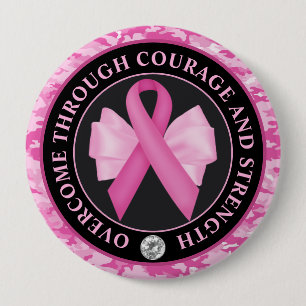 Pink Ribbon Bow Camouflage Breast Cancer Awareness 4 Inch Round Button