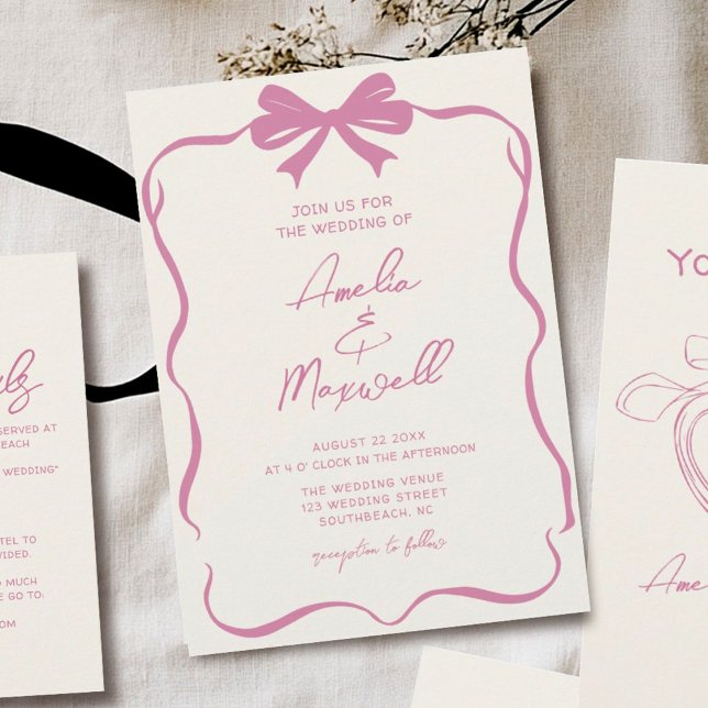 Pink Ribbon Bow Coquette Stylish Trendy Wedding Invitation (Creator Uploaded)