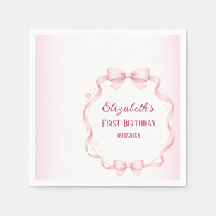 Pink Ribbon Bow First Birthday Square Sticker Napkin