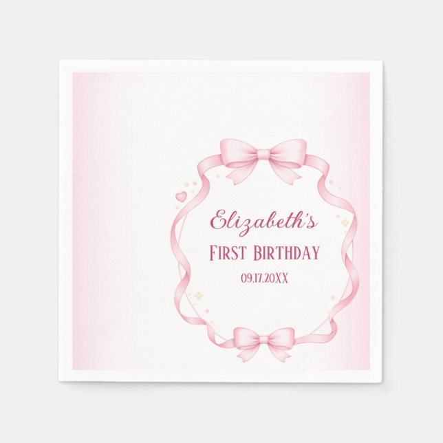 Pink Ribbon Bow First Birthday Square Sticker Napkin (Front)