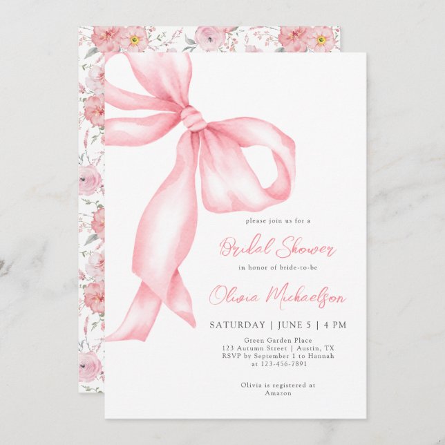 Pink Ribbon Bow Floral Coquette Bridal Shower Invitation (Front/Back)