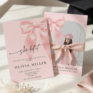 Pink Ribbon Bow Girl she did it Graduation Party  Invitation