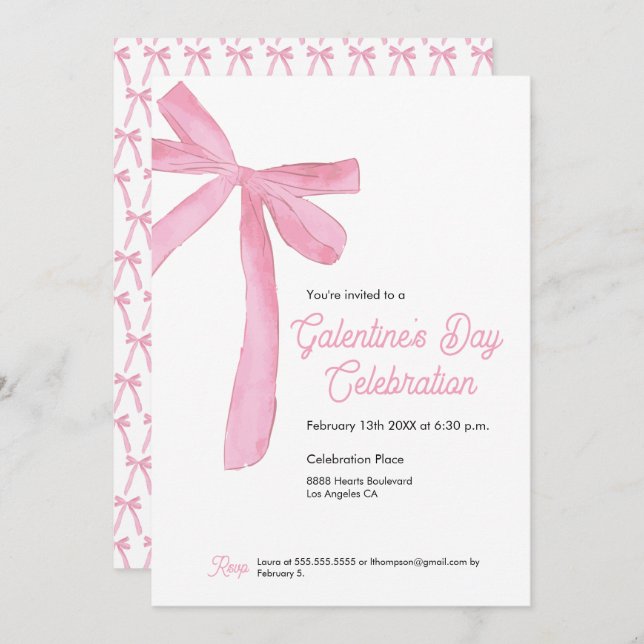 Pink Ribbon Bow Girly modern Galentine's day Invitation (Front/Back)