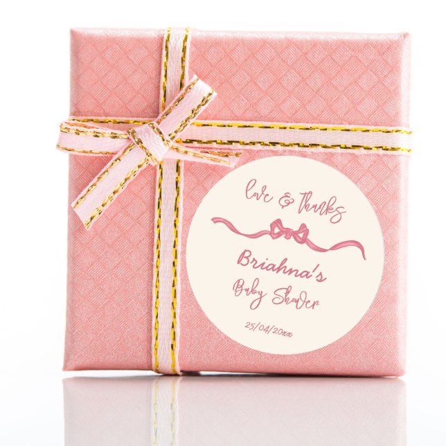Pink ribbon bow sketch baby shower favour classic round sticker (Pink ribbon bow sketch baby shower thank you favor stickers whimsical handwriting scribble drawing)
