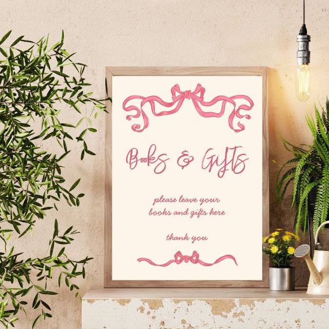 Pink ribbon bow sketch baby shower gifts sign (Vintage Pink ribbon bow sketch baby shower books and gifts table sign personalized decor)