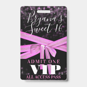 Pink Ribbon Bow Sweet 16 Party VIP Pass Badge