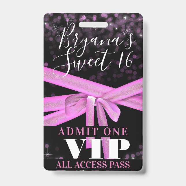 Pink Ribbon Bow Sweet 16 Party VIP Pass Badge (Front)