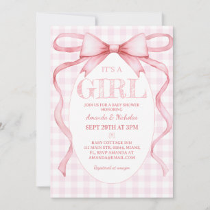 Pink Ribbon Bow Vintage Cute It's A Girl Shower Invitation