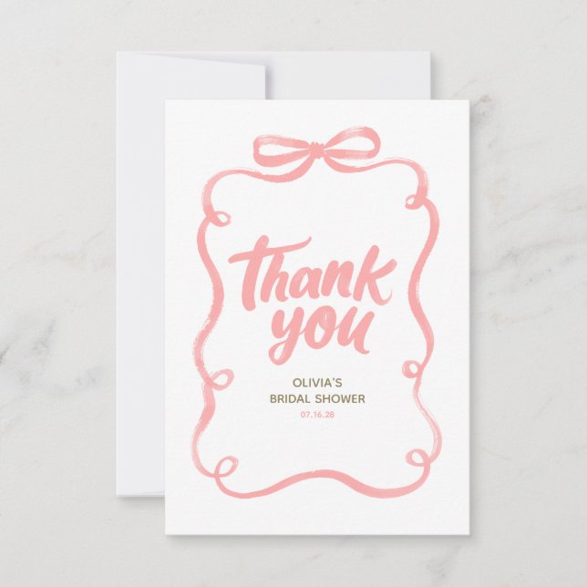 Pink Ribbon Bow Whimsical Bridal Shower Thank You Card (Front)
