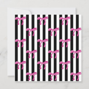 Pink ribbon bows on black and white stripes invitation