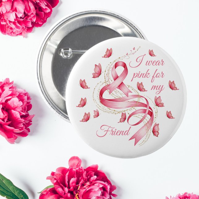 Pink Ribbon Breast Cancer Awareness 2 Inch Round Button (I Wear Pink Butterfly Breast Cancer Awareness Ribbon Button)