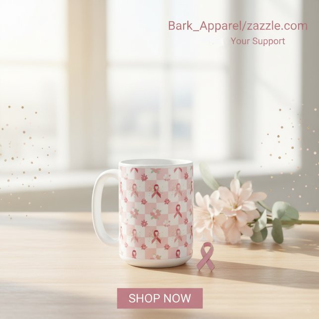 Pink Ribbon Breast Cancer Awareness Chequered  Coffee Mug (Creator Uploaded)