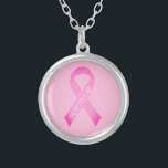 Pink ribbon breast cancer awareness custom name silver plated necklace<br><div class="desc">Pink ribbon breast cancer awareness custom name Silver Plated Necklace. Personalized logo design. Add your own custom support text,  warrior quote or survivor name.</div>