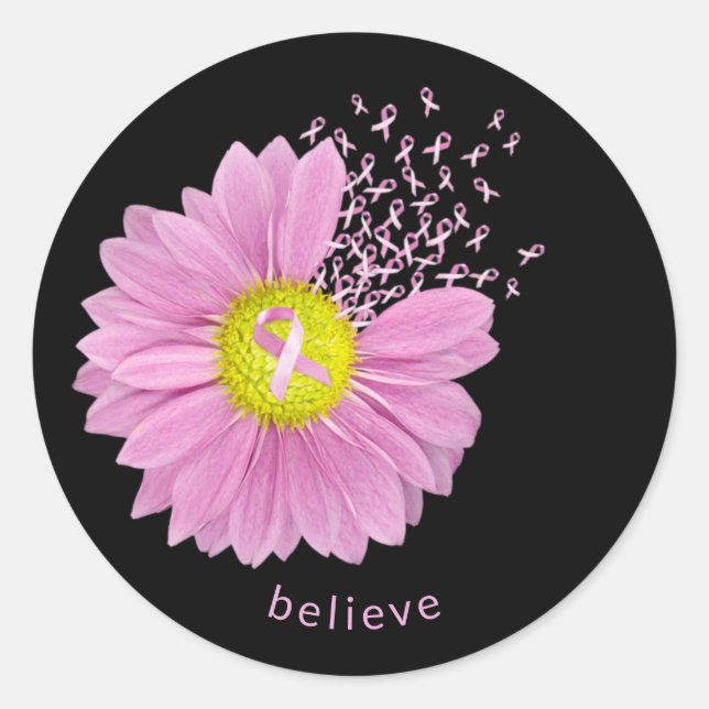 Pink Ribbon Breast Cancer Awareness Daisy Classic Round Sticker (Front)