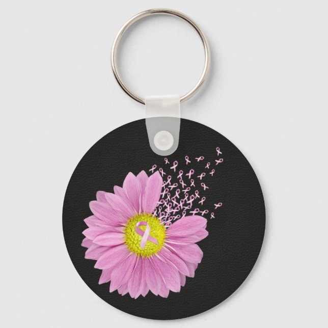 Pink Ribbon Breast Cancer Awareness Daisy Keychain (Front)